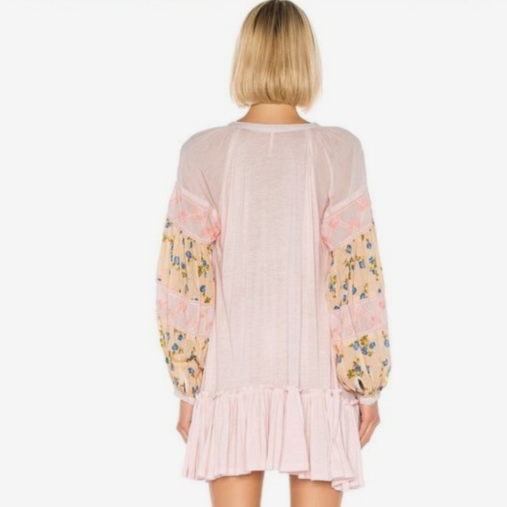 FREE PEOPLE  PINK FLORAL BOHO PEASANT MINI DRESS